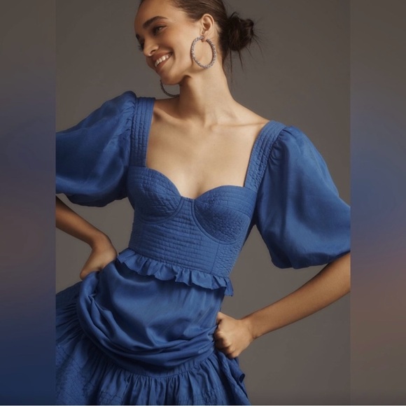 FARM Rio Blue Ruffled Tiered Midi Dress with Puff Sleeves - Picture 7 of 10